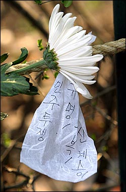 인혁당 사형수들이 숨져간 서울 서대문형무소 사형장앞에 추모객들이 '진상규명, 명예회복, 민주투쟁' 이 적힌 종이를 국화꽃과 함께 꽂아두었다.